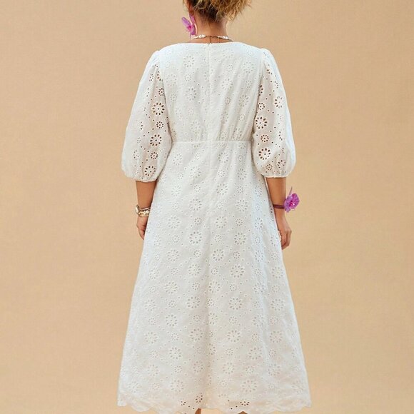 White Elegant Women's Plus Size Holiday Embroidered V-Neck Puff Sleeve Dress - Picture 2 of 6